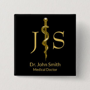 Badge Carré 5 Cm Classy Gold on Black Rod of Asclepius Medical