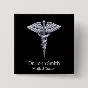 Badge Carré 5 Cm Classy Silver Caduceus Medical on Black