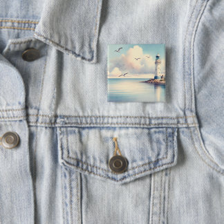 Badge Carré 5 Cm Coastal Lighthouse Seagulls Pastel Sky Serenity