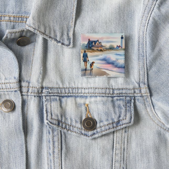 Badge Carré 5 Cm Coastal Walk to Lighthouse at Sunset (En situation)