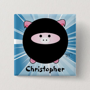 Badge Carré 5 Cm Cochon de Ninja personnalisé en bleu