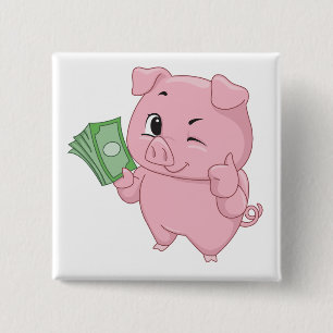 Badge Carré 5 Cm Cochon Rose Tenant de l'Argent Faisant un Pouce en