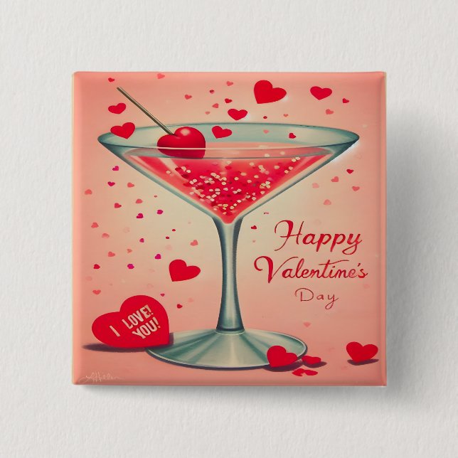 Badge Carré 5 Cm Cocktail Valentine Martini du milieu du siècle (Devant)