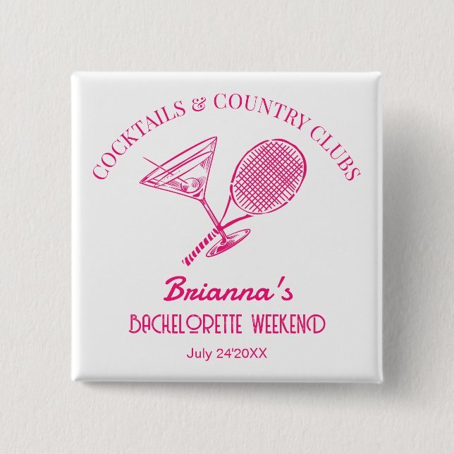 Badge Carré 5 Cm Cocktails et country clubs tennis Bachelorette (Devant)
