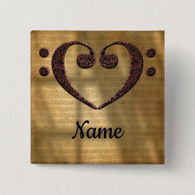 Badge Carré 5 Cm Coeur Clé Cuivre Double Basse Customisé (Devant)