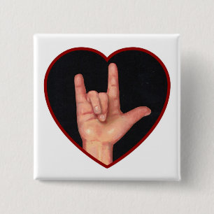 BADGE CARRÉ 5 CM COEUR DE LANGUE DES SIGNES JE T'AIME, MAIN