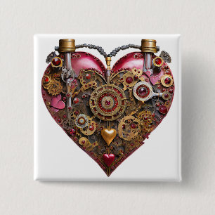 Badge Carré 5 Cm Cœur de Streampunk Rubis Saint-Valentin