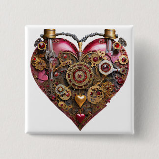 Badge Carré 5 Cm Cœur de Streampunk Rubis Saint-Valentin