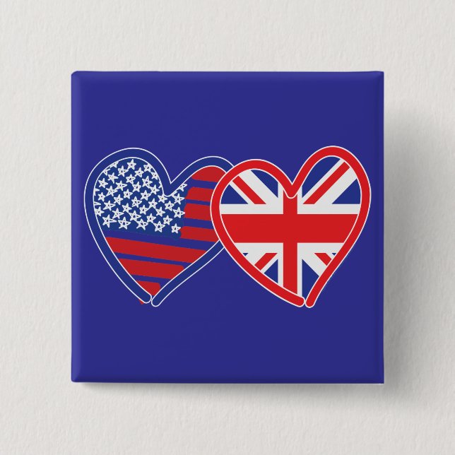 Badge Carré 5 Cm Coeurs du drapeau américain/Union Jack (Devant)