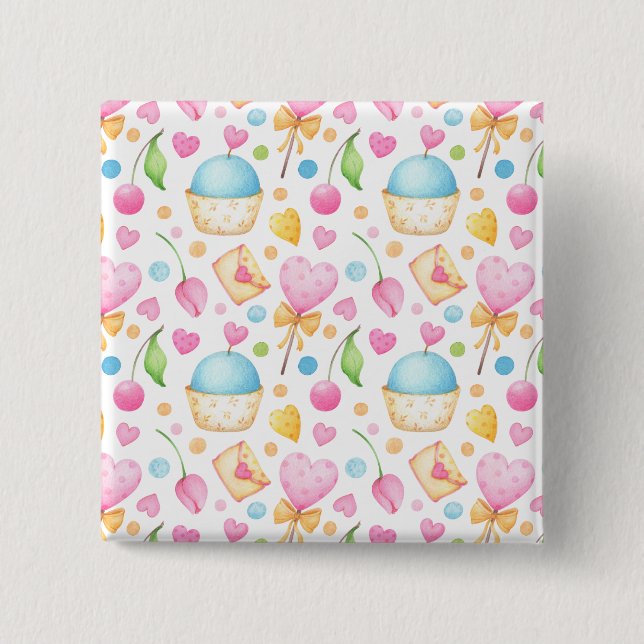 Badge Carré 5 Cm Coeurs et cupcakes Motif d'aquarelle (Devant)