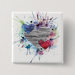 Badge Carré 5 Cm Coeurs Et Lavages Dans L'Aquarelle