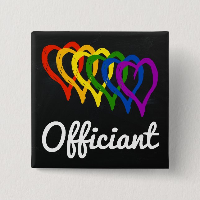Badge Carré 5 Cm Coeurs posés par mariage Officiant d'arc-en-ciel (Devant)