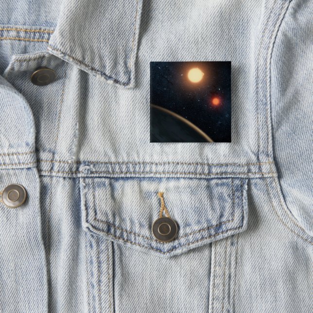 Badge Carré 5 Cm Concept de l'artiste illustrant Kepler-16b. (En situation)