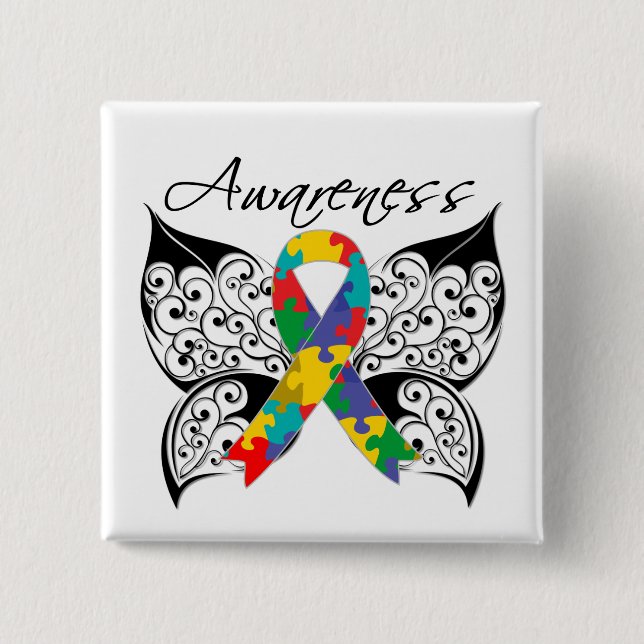 Badge Carré 5 Cm Conscience de papillon de tatouage - autisme (Devant)