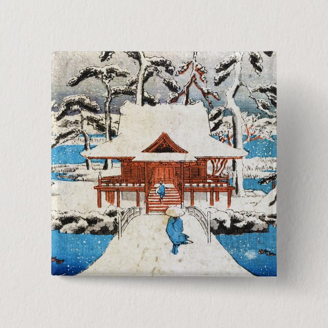 Badge Carré 5 Cm Cool japonais vintage ukiyo-e lac shrine neige (Devant)
