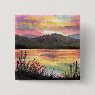 Badge Carré 5 Cm Coucher de soleil au bord du lac