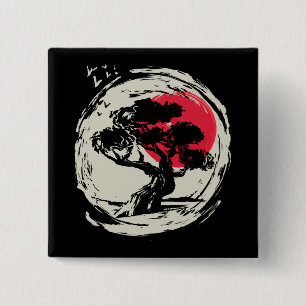 Badge Carré 5 Cm Coucher de soleil japonais Bonsai Art