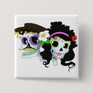 Badge Carré 5 Cm Couples de fête mexicains de crâne