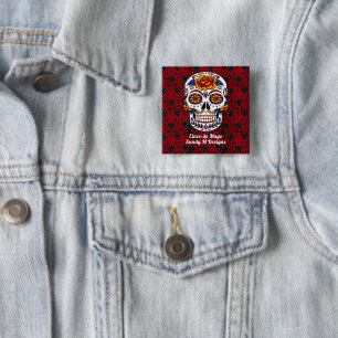 Badge Carré 5 Cm Crâne de sucre Cinco de Mayo Rouge Nom floral Pinb