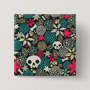 Badge Carré 5 Cm Crâne en fleurs