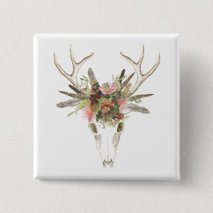 Badge Carré 5 Cm Crâne et fleurs de cerfs communs