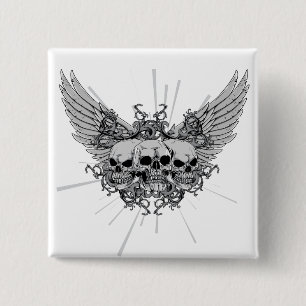 Badge Carré 5 Cm Crâne ~ Trois crânes ailes