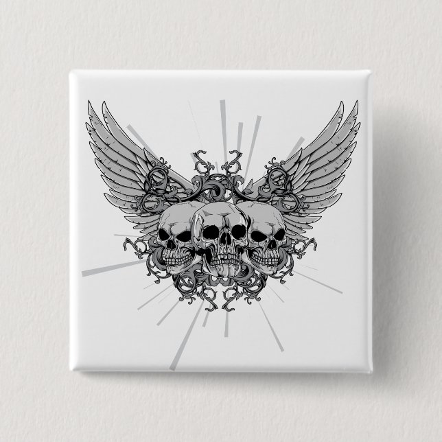 Badge Carré 5 Cm Crâne ~ Trois crânes ailes ailes (Devant)