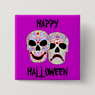 Badge Carré 5 Cm Crânes de Comédie-Tragédie de Halloween DOTD