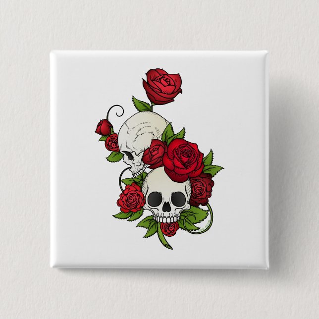 Badge Carré 5 Cm Crânes Roses Día de Muertos (Devant)
