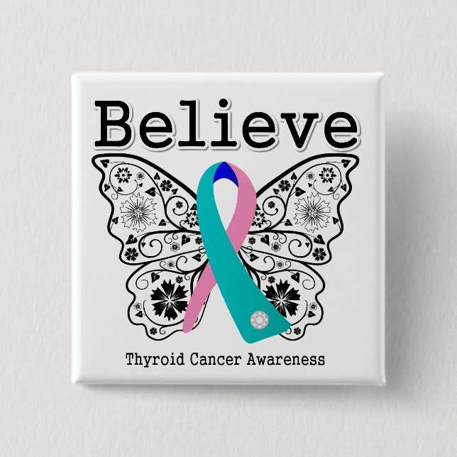 Badge Carré 5 Cm Croire - Thyroïde Cancer Papillon (Devant)