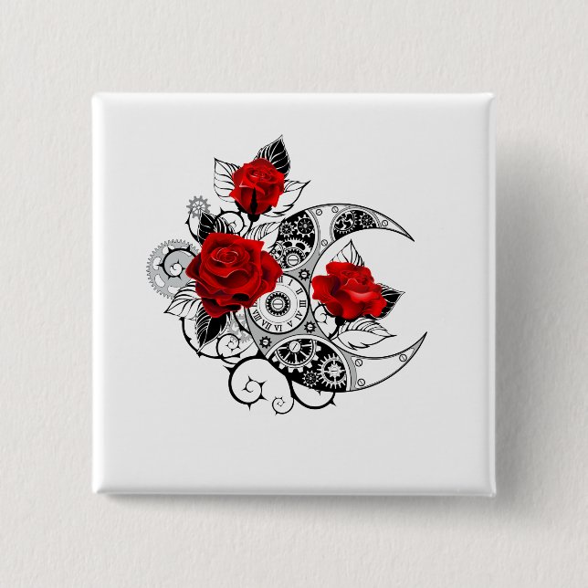 Badge Carré 5 Cm Croissant Mécanique avec Roses Rouges (Devant)
