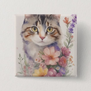 Badge Carré 5 Cm Cute Aquarelle Florale Chat