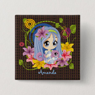 Badge Carré 5 Cm Cute Big Eyed Chibi Dragon Fée