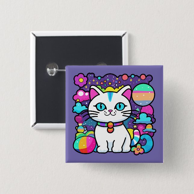 Badge Carré 5 Cm Cute blanc Cosmique Espace Kitty Chat (Devant & derrière)