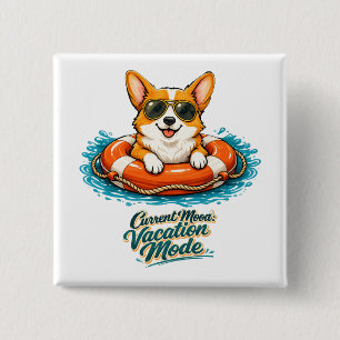 Badge Carré 5 Cm Cute Corgi "Vacation Mode" Summer Design