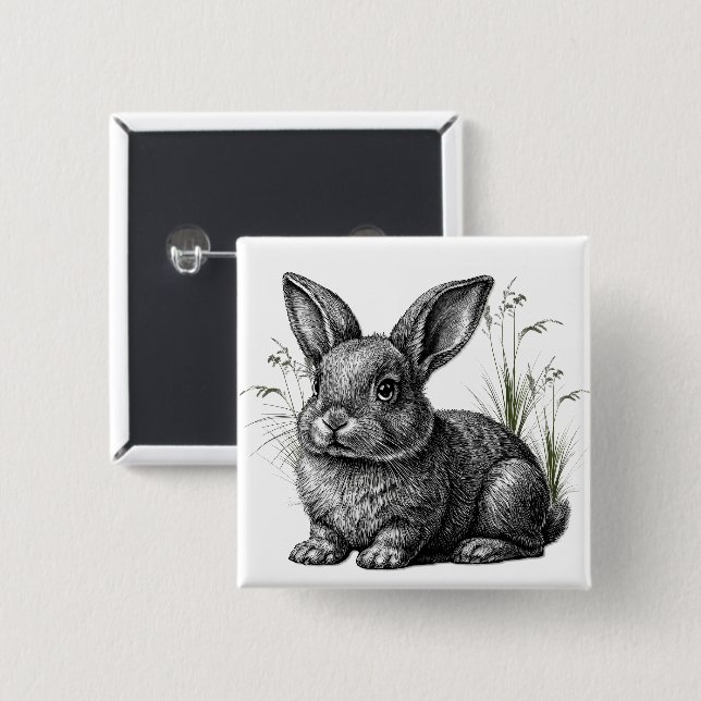 Badge Carré 5 Cm Cute Gray Rabbit Among the Grass (Devant & derrière)