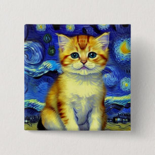 Badge Carré 5 Cm Cute Kitten Starry Night Van Gogh