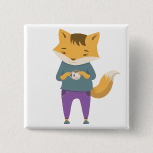 Badge Carré 5 Cm Cute renard avec tasse de thé