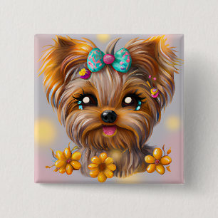 Badge Carré 5 Cm Cute Yorkie Kawaii Puppy