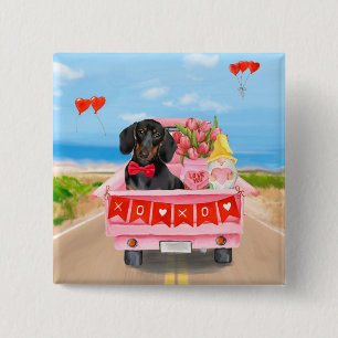 Badge Carré 5 Cm Dachshund Chien Saint-Valentin Coeurs de Camion