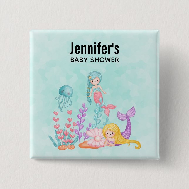 Badge Carré 5 Cm De mignons sirènes sous le Baby shower d'aquarelle (Devant)