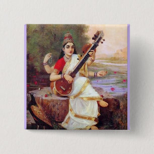 Badge Carré 5 Cm Déesse indoue Saraswati