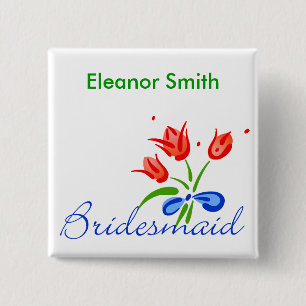 Badge Carré 5 Cm Demoiselle d'honneur avec les tulipes rouges