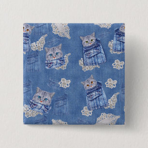 Badge Carré 5 Cm Denim Jean poches, chatons et dentelle