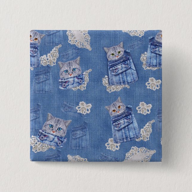Badge Carré 5 Cm Denim Jean poches, chatons et dentelle (Devant)