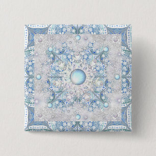 Badge Carré 5 Cm Dentelle en céramique bleu et flocons de neige