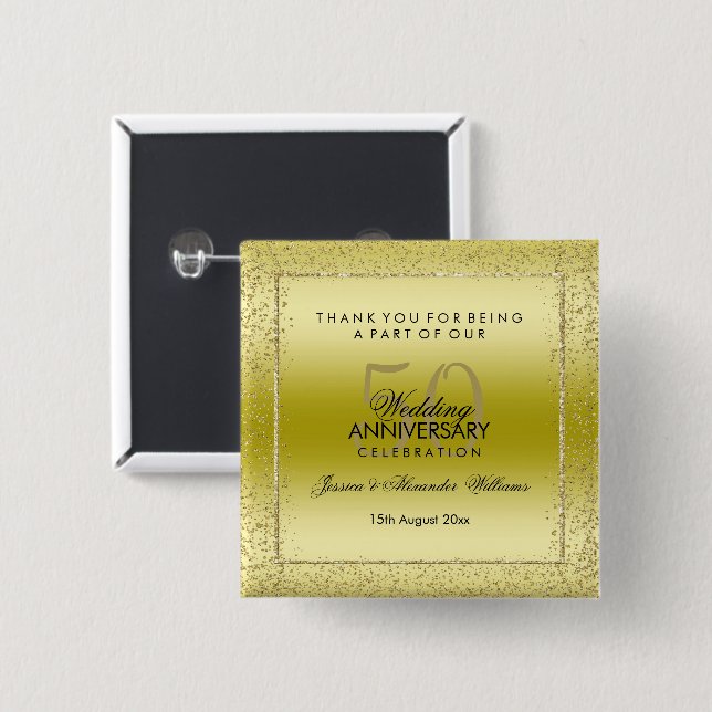 Badge Carré 5 Cm Design Gold Confetti 50e Merci Mariage (Devant & derrière)