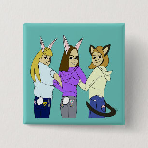 Badge Carré 5 Cm Deux lapins et un chaton