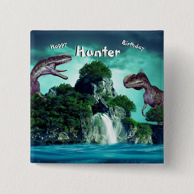 Badge Carré 5 Cm Dinosaur Island Joyeuse fête d'anniversaire (Devant)