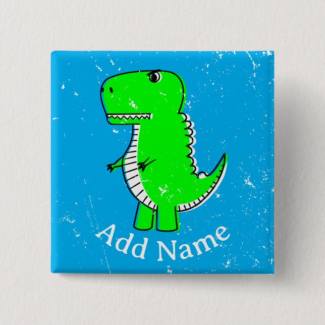 Badge Carré 5 Cm Dinosaure Vert Dessin Dénomination Personnalisée D (Devant)